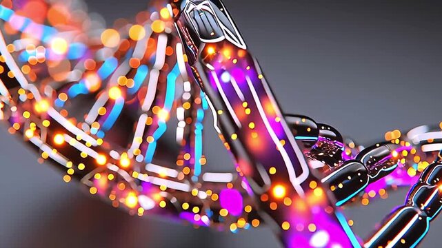 Glowing genetic spiral gently rotating, revealing complex molecular structure with luminescent particles against deep darkness, representing biological information encoding