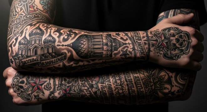 Elaborate tattoo art on arms featuring architectural designs and complex patterns showcase