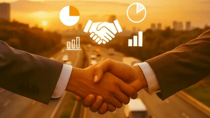 Business handshake over city highway at golden sunset with financial charts, growth analytics, and corporate partnership concept visuals - Powered by Adobe