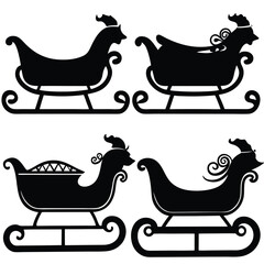 Four black silhouette illustrations of Santa's sleighs on a white background.