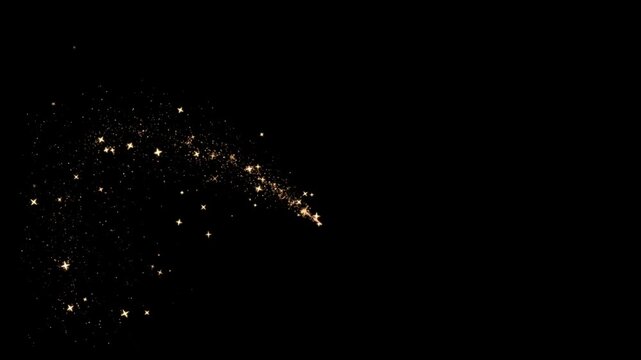 Golden glitter particles and stars trail on black background. Ideal for celebrations, awards, or magical videos. Seamless loop