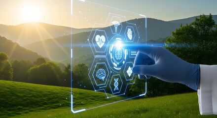 A gloved hand interacts with a transparent digital interface displaying medical icons, set against a backdrop of rolling green hills and a bright, sunny sky.