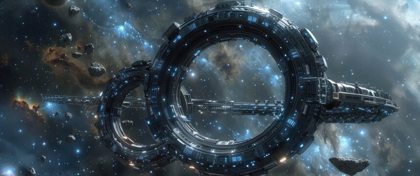 Giant industrial sci-fi jump gate under construction. Massive rings glow in deep space, amidst nebulae, asteroids, and the raw grit of cosmic noise.