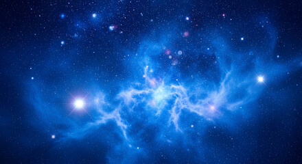 Blue nebula space scene with bright stars and cosmic dust, showcasing a mystical and ethereal celestial landscape, perfect for fantasy or science fiction themes