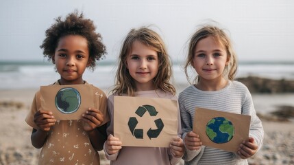 Children holding signs with cute planet and recycle drawings against plastic pollution standing on a beach promoting environmental awareness
