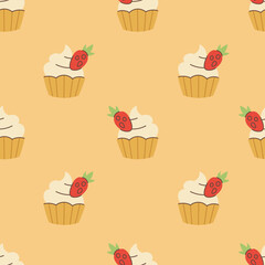 Strawberry Cupcake Seamless Pattern. Cute hand drawn Sweet Food Background with confectionery dessert on pastel beige. Repeat vector illustration in modern flat style