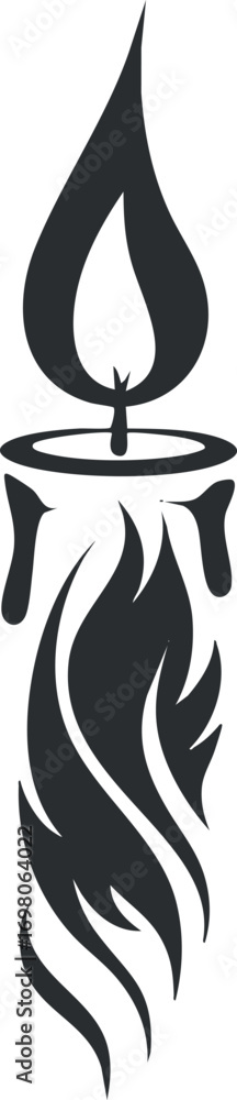 Poster stylized candle design featuring a flame and flowing lines representing light and warmth. black on t