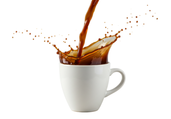 Coffee pouring into cup with splash beverage brown liquid white mug transparent background