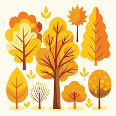 A collection of stylized autumn trees in various shapes and sizes, rendered in warm yellow and orange hues.