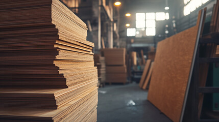Obraz premium Stacked plywood sheets showcase texture and grain within a lumber warehouse