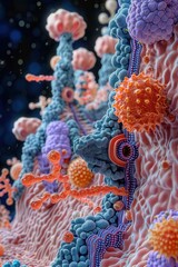Technical cutaway view of an ion channel protein complex in a cell membrane. Detailed molecular transport visualized in a cool palette with vibrant accents and subtle background blur.