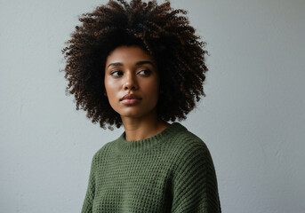 Portrait of a beautiful young Black woman with an afro, wearing a green sweater, looking off to the side with a thoughtful expression.