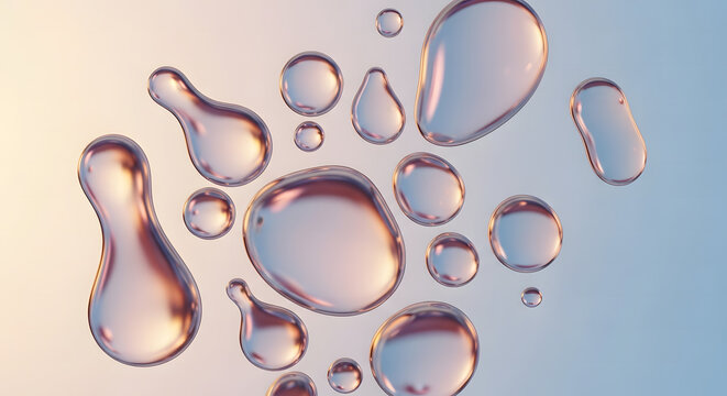 A collection of translucent water droplets in various shapes and sizes, floating against a gradient background of light blue and beige.