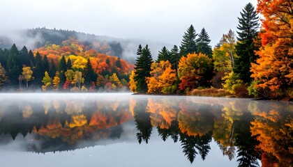 A serene lake mirrors vibrant autumn foliage and evergreen trees under a misty sky. The colors create a picturesque scene