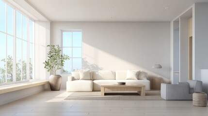 Minimalist Living Space with White Couch, Serene Interior Design Ideal for Tranquil Projects and Elegant Presentations.