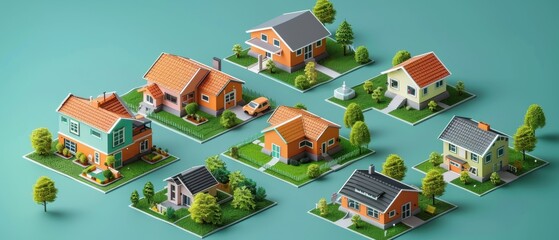 Vibrant isometric neighborhood featuring cute pastel orange and mint houses, tiny gardens, and geometric trees. A flat design style brought to life with realistic rendering on a teal backdrop.