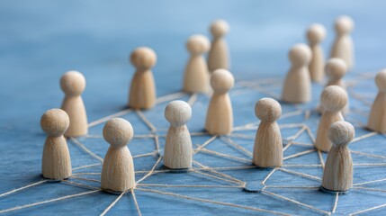Network Concept Illustrated with Striking Wooden Figures against a Vibrant Blue Backdrop, Ideal for Creative Campaigns Inspiring Innovation and Collaboration.