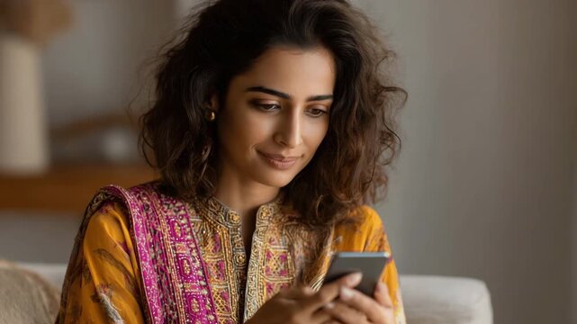 Happy young indian woman user watching social media feed on smartphone. Smiling female client shopping online on mobile app. Curly hair girl in orange sari dress use cellphone home. Person play game.