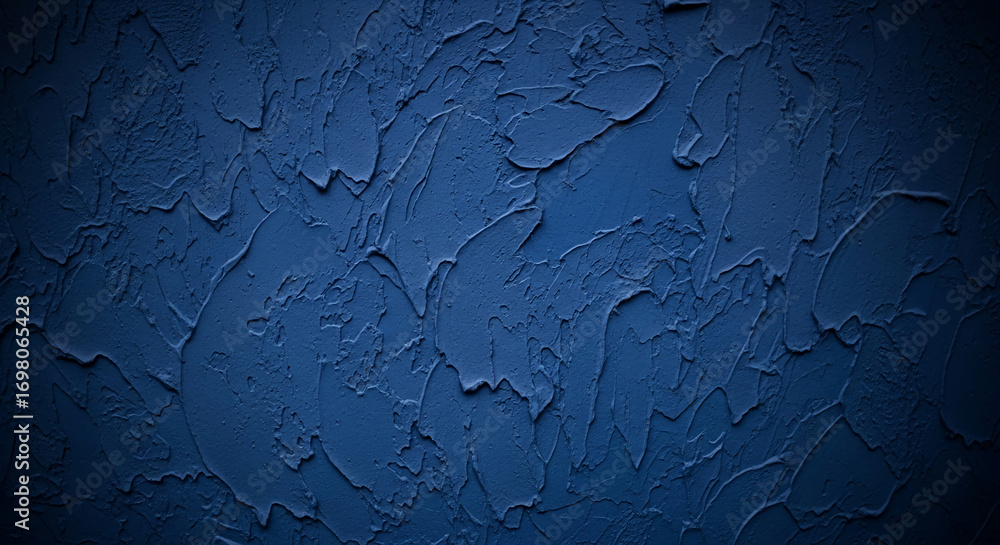 Poster deep blue textured wall, rough surface, uneven pattern, dark vignette, ideal background for design p