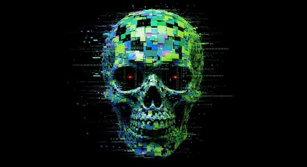 A futuristic digital skull with glowing red eyes, composed of glitching green and blue pixels and binary code.