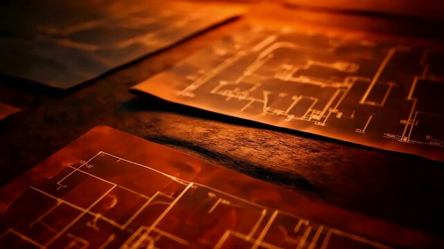 Detailed architectural blueprints illuminated with warm dramatic lighting on textured surface showcasing technical design and construction plans