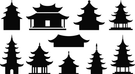 Asian pagoda temple silhouettes collection, traditional architecture vector icons, Chinese and Japanese building shapes, black cultural structure illustrations