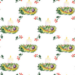 Candles, pine branches, holly berries, baubles, and garland watercolor seamless Christmas pattern isolated on white. Ideal for wrapping paper, fabric, festive backgrounds, holiday crafts, invitations