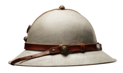 Cream-colored safari helmet, side view.  Leather band