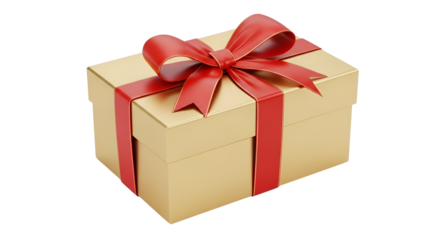 Gold gift box with a red bow isolated PNG with Transparent Background