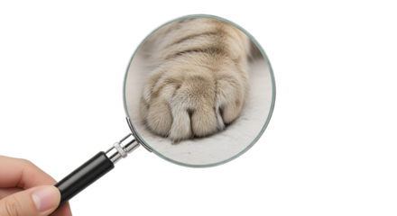 Person using a magnifying glass to observe a cat's paw isolated PNG with Transparent Background