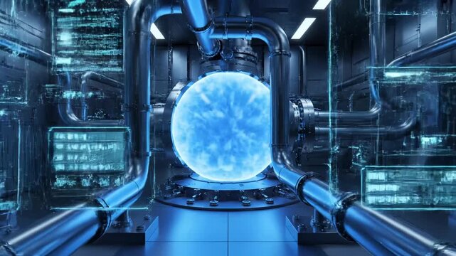 Fusion reactor Glowing sphere surrounded by machinery futuristic technology innovation concept high quality professional