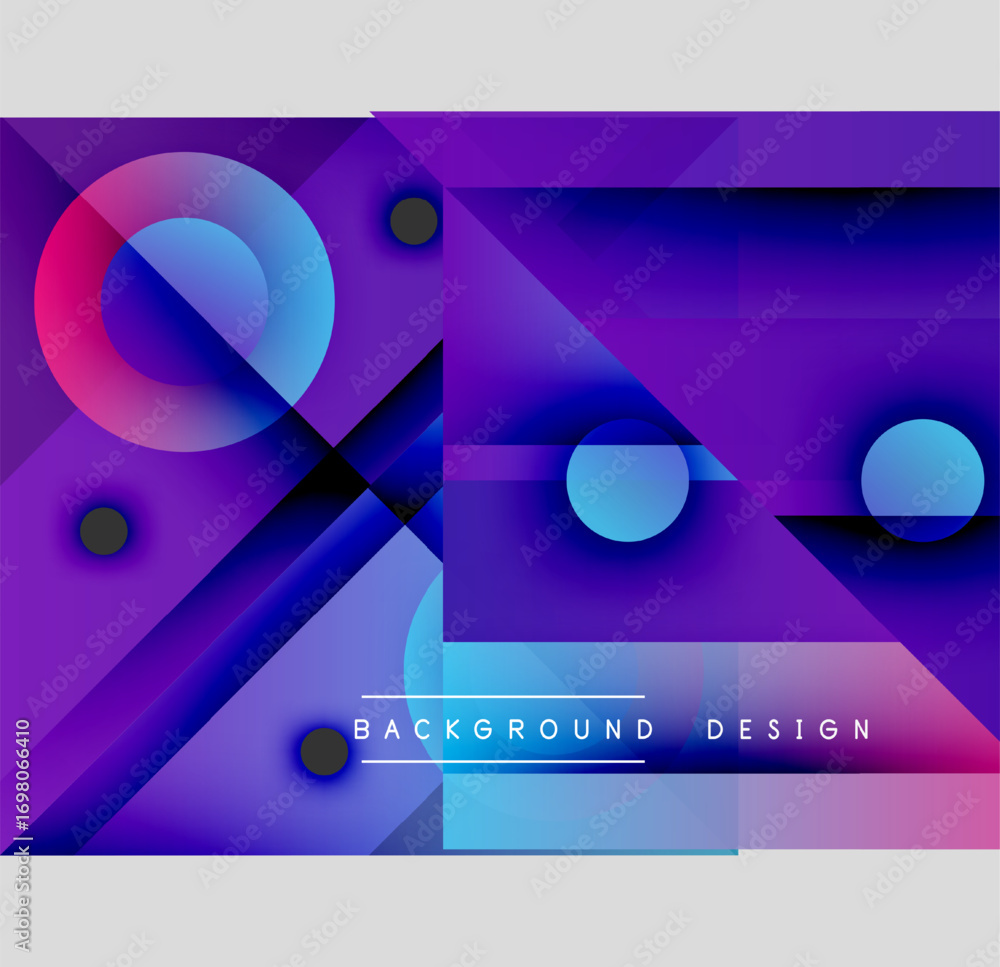 Poster Abstract geometric composition. Vibrant purple, blue hues dominate. Overlapping shapes create dynamic visual effect. Modern design elements present.