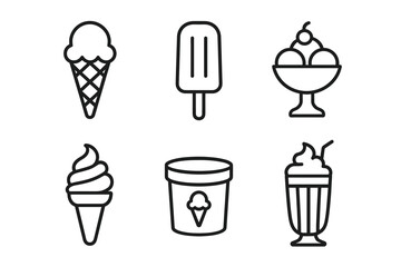 Collection of ice cream outlines: cone, popsicle, sundae, soft serve, tub, milkshake
