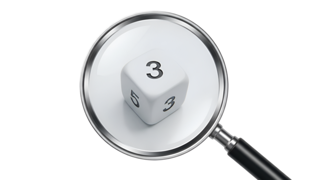 Dice with number 3 under a magnifying glass isolated PNG with Transparent Background - Powered by Adobe