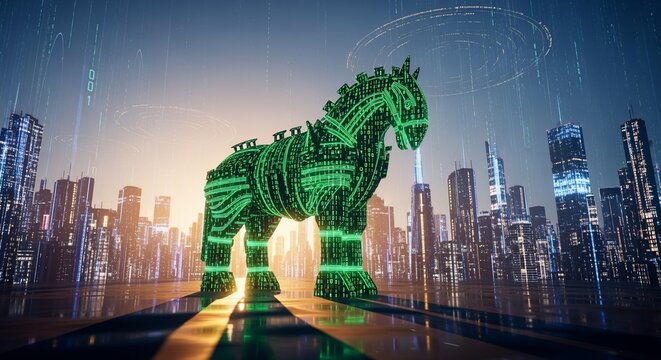 Digital Trojan Horse: Binary Code Horse in Futuristic Cityscape