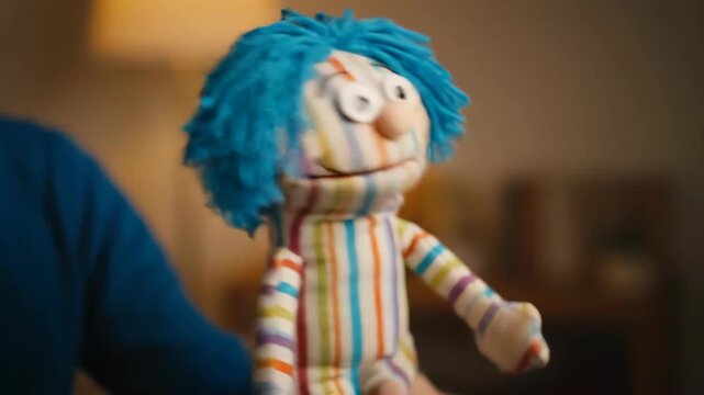 Puppet Show Performer Acts During Daytime In Living Room Setting With Colorful And Striped Puppet