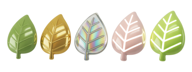 Vibrant collection of five stylized leaves featuring diverse textures and colors, perfect for branding, design, or celebrating nature's beauty with a modern aesthetic