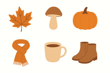 Autumn symbols: maple leaf, mushroom, pumpkin, scarf, coffee, boots