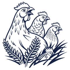 A charming group of four chickens gathered together in a field of grass and wheat stalks