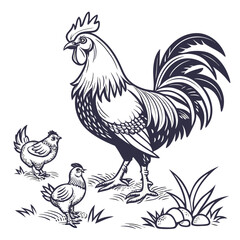 A proud rooster stands guard over two chickens in a grassy field