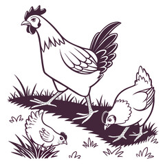 A stylized line drawing of a rooster and two chickens grazing in the grass