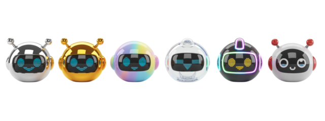 Vibrant collection of playful, modern robots in diverse metallic and iridescent finishes, perfect for tech innovation and futuristic concepts