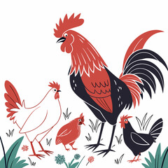 A stylized illustration of a rooster with three chickens in a grassy field