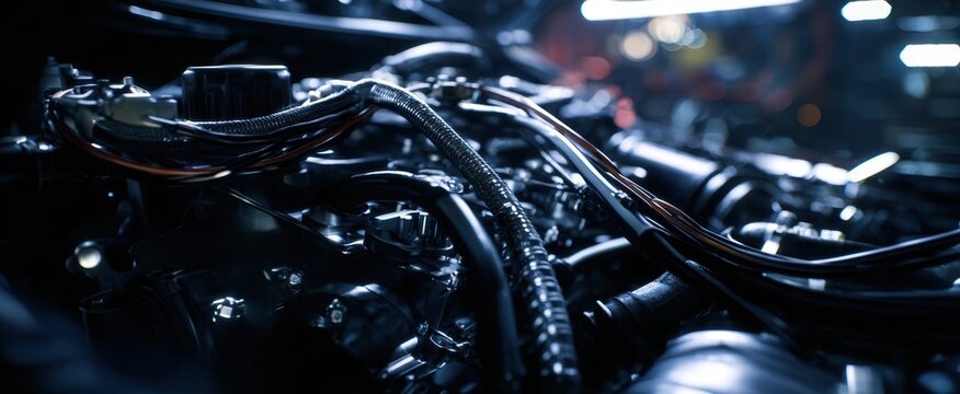 The Engine Close-Up Revealing Intricate Wiring, Tubing and Mechanical Details in Blue Light