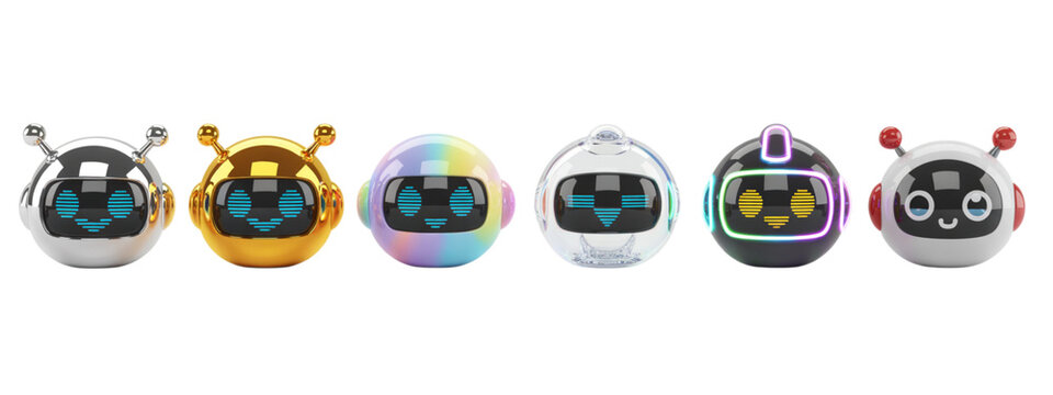 Vibrant collection of playful, modern robots in diverse metallic and iridescent finishes, perfect for tech innovation and futuristic concepts