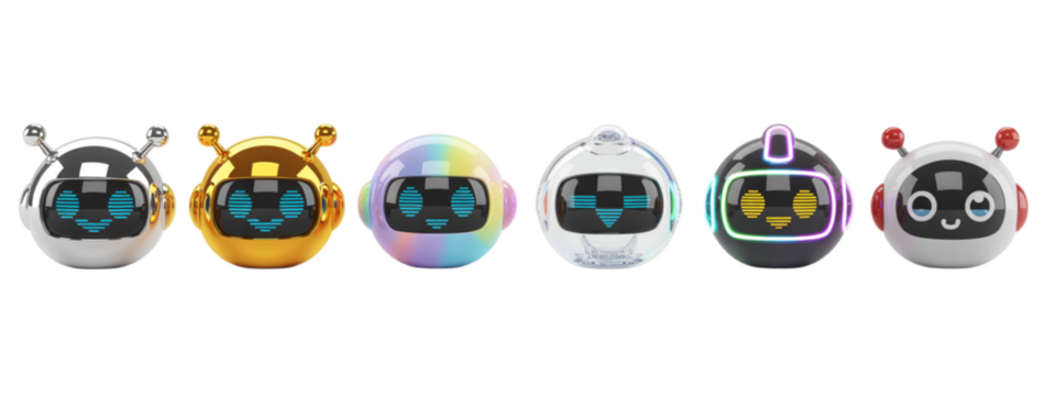 Vibrant collection of playful, modern robots in diverse metallic and iridescent finishes, perfect for tech innovation and futuristic concepts
