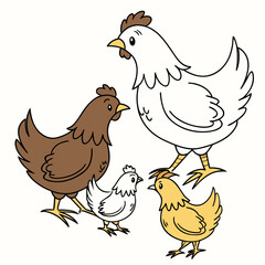Charming cartoon illustration of a brown hen a white hen and two chicks on a white background