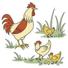 Cartoon illustration of a proud rooster standing with hens and chicks in green grass