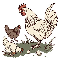 Charming cartoon illustration of a rooster and two hens with fresh eggs in a grassy farm setting