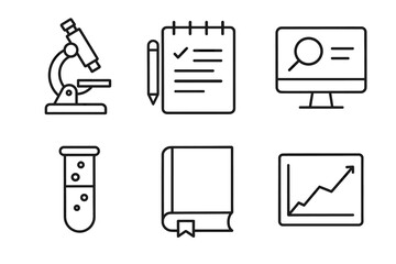 Science and research icons: microscope, notepad, computer, test tube, book, graph